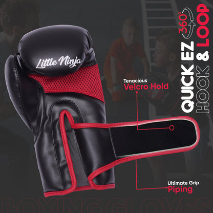 Side view of Little Ninja youth boxing gloves showing adjustable Velcro strap, strong wrist support, and ventilated mesh panel for comfort during boxing workouts.