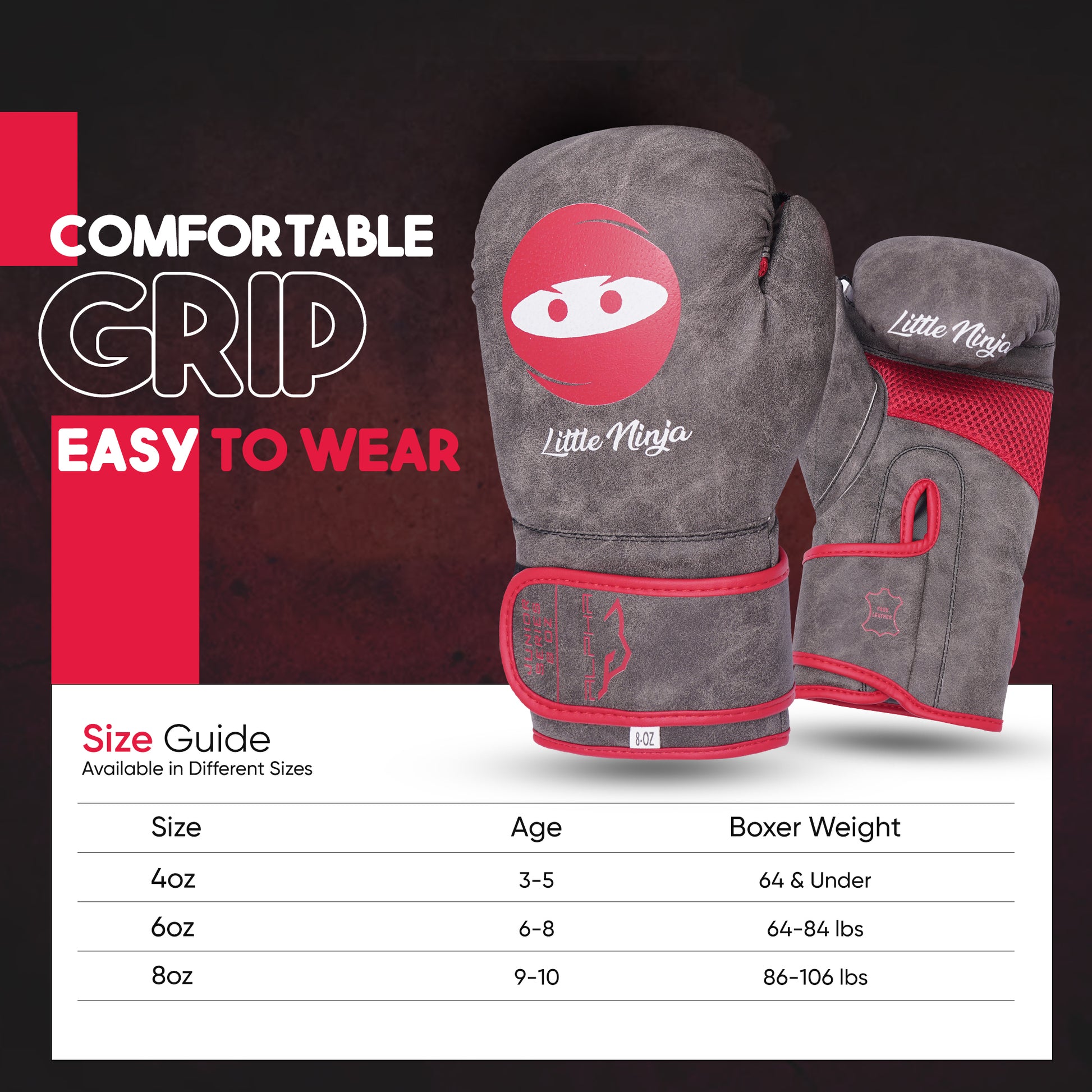 Sizing chart for Little Ninja youth boxing gloves featuring age recommendations, weight guidelines, and available sizes for beginner and junior boxers.