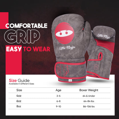 Sizing chart for Little Ninja youth boxing gloves featuring age recommendations, weight guidelines, and available sizes for beginner and junior boxers.