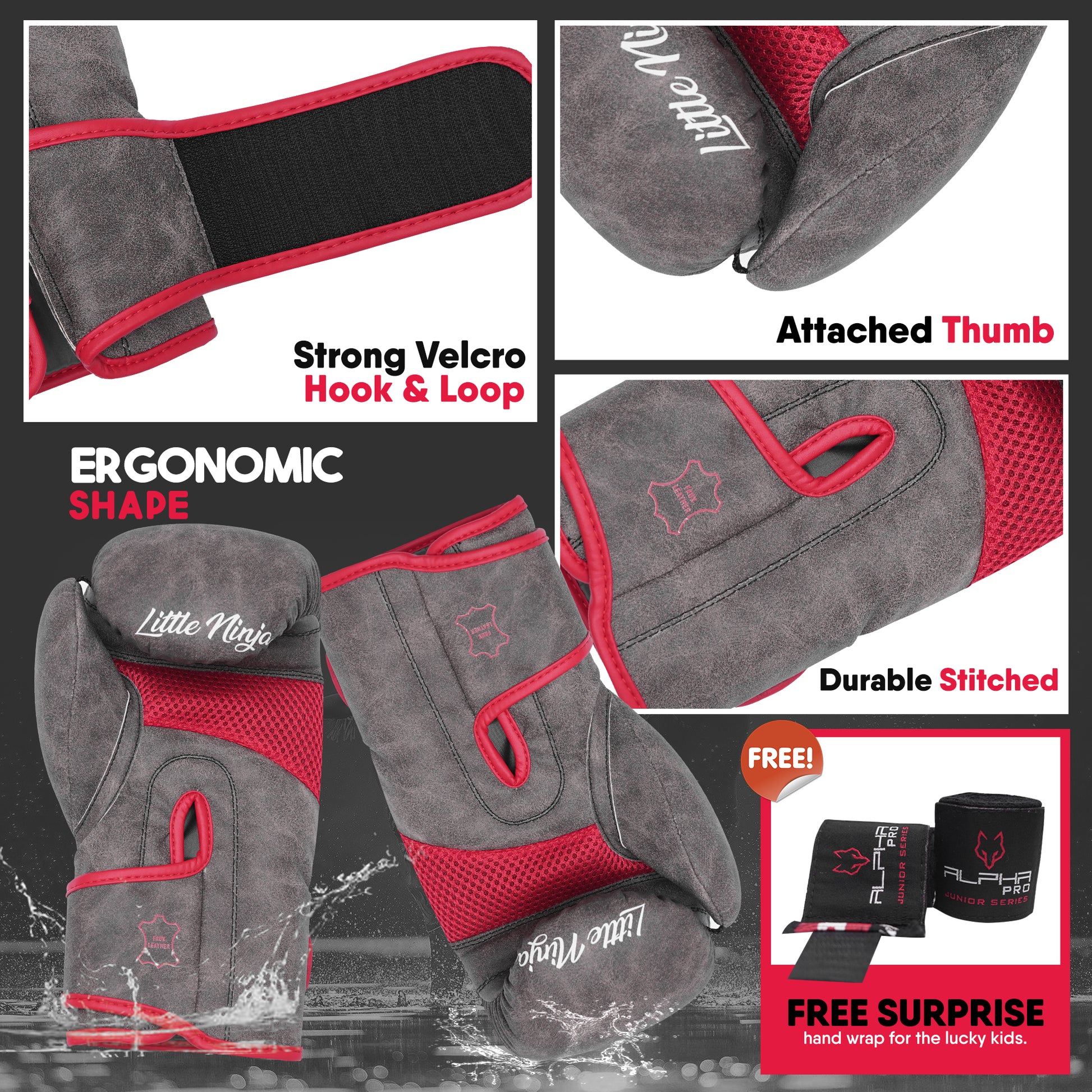Close-up of Little Ninja youth boxing gloves with secure Velcro strap, attached thumb design, reinforced stitching, ergonomic fit, and bonus hand wraps for young athletes.
