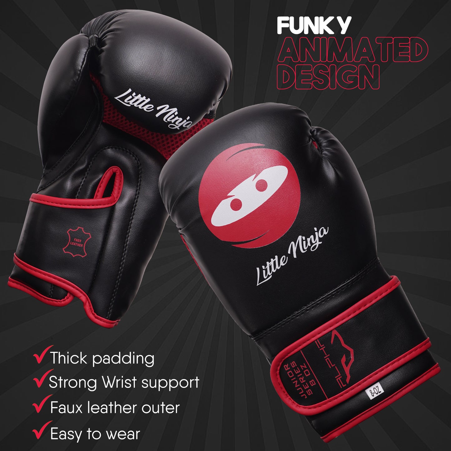 Pair of Little Ninja youth boxing gloves showcasing playful ninja graphics, padded protection, reinforced wrist support, and durable training glove construction for kids.
