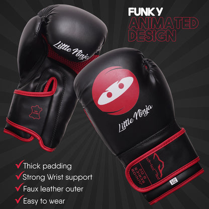 Pair of Little Ninja youth boxing gloves showcasing playful ninja graphics, padded protection, reinforced wrist support, and durable training glove construction for kids.