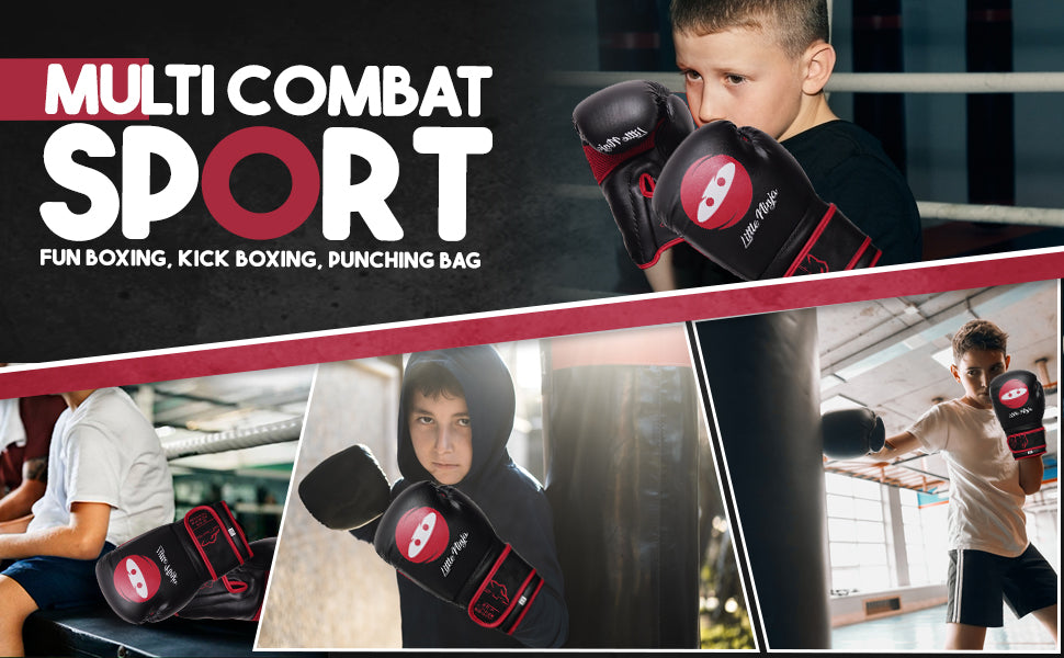 Children using Little Ninja boxing gloves for boxing practice, kickboxing drills, and punching bag training in a gym environment.