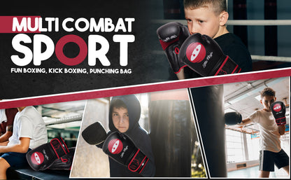 Children using Little Ninja boxing gloves for boxing practice, kickboxing drills, and punching bag training in a gym environment.