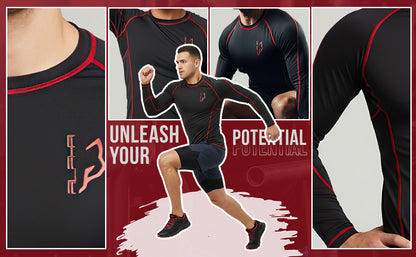 Detailed view of a men's black and red compression shirt highlighting athletic fit, stitching, logo, and performance design.
