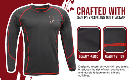 Men's black compression shirt made from polyester and elastane fabric with durable stitching for athletic performance.