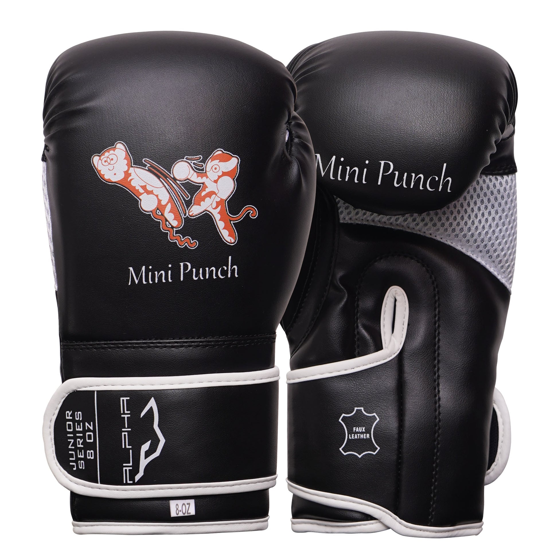 Black and white Mini Punch youth boxing gloves with secure wrist support and padded protection for junior boxing, fitness training, and sparring sessions.