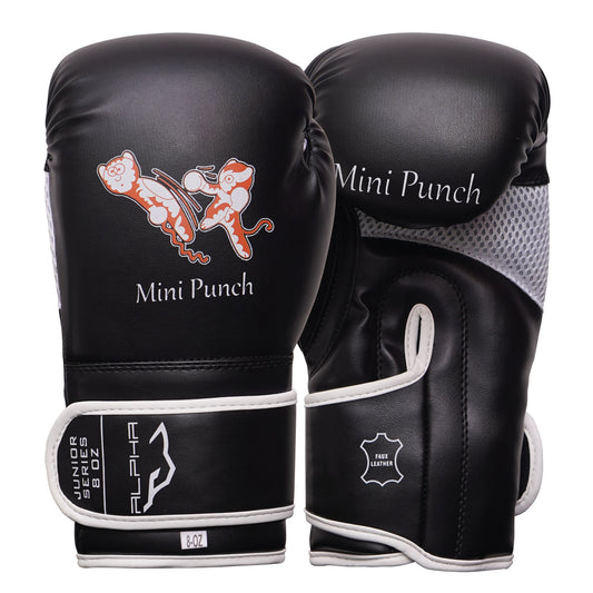 Black and white Mini Punch youth boxing gloves with secure wrist support and padded protection for junior boxing, fitness training, and sparring sessions.