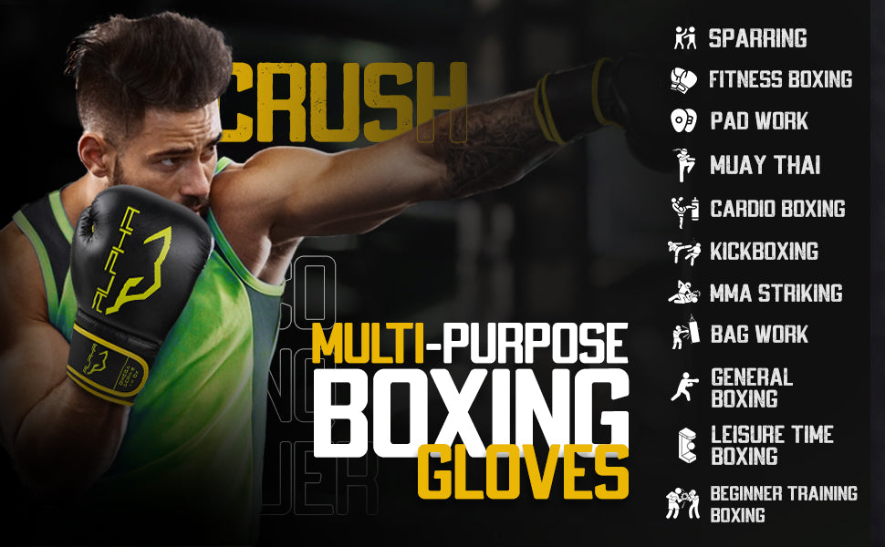 Multi-purpose boxing gloves in black and yellow designed for sparring, fitness boxing, pad work, Muay Thai, kickboxing, MMA striking, bag work, and beginner boxing training.