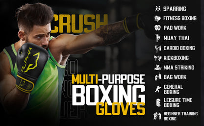 Multi-purpose boxing gloves in black and yellow designed for sparring, fitness boxing, pad work, Muay Thai, kickboxing, MMA striking, bag work, and beginner boxing training.