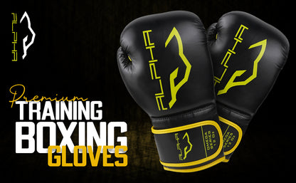 Premium training boxing gloves in black and neon yellow featuring durable padding and wrist support for boxing, sparring, fitness training, and heavy bag workouts.