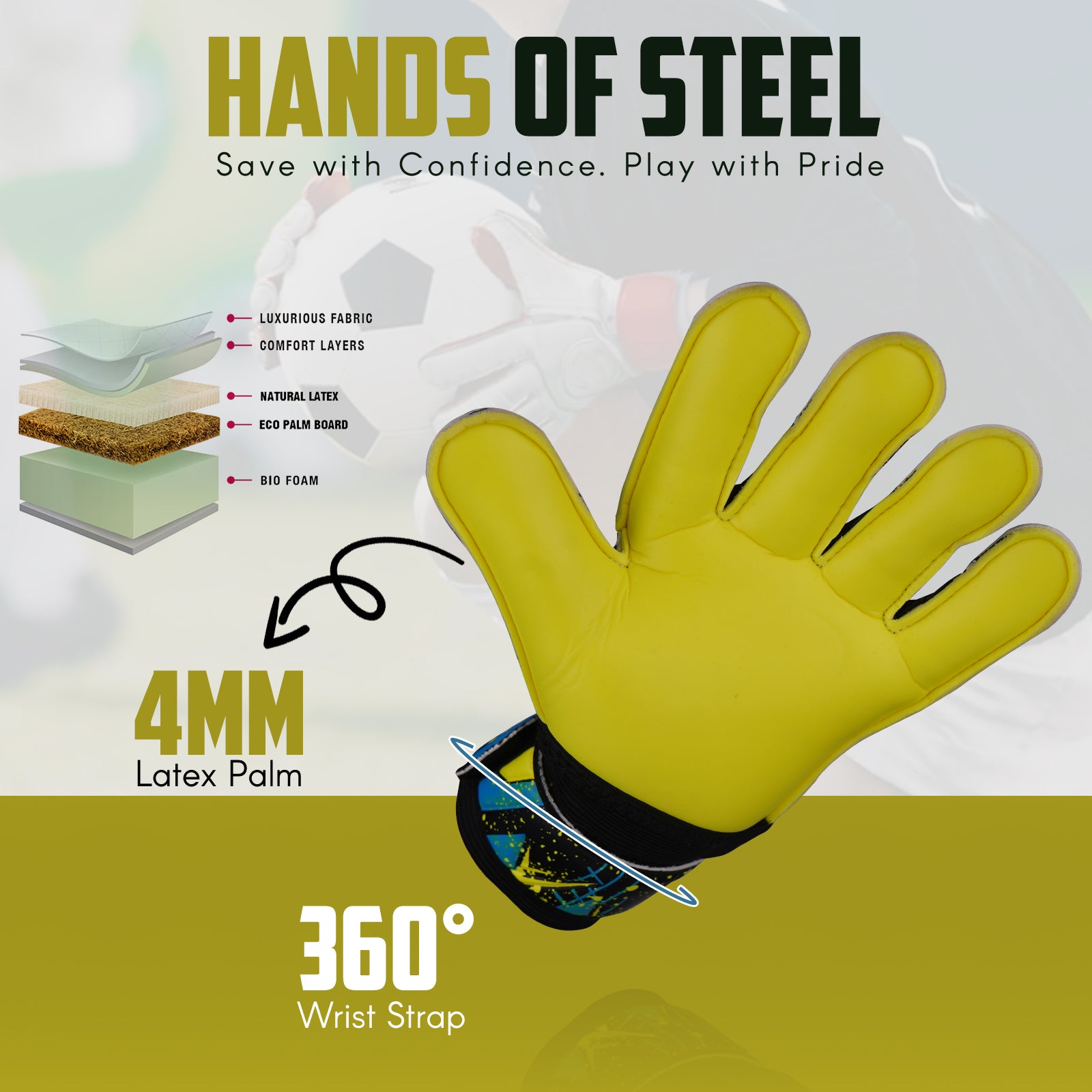 Star Kid goalkeeper glove featuring a 4mm yellow latex palm and 360-degree wrist strap for enhanced grip and wrist stability.