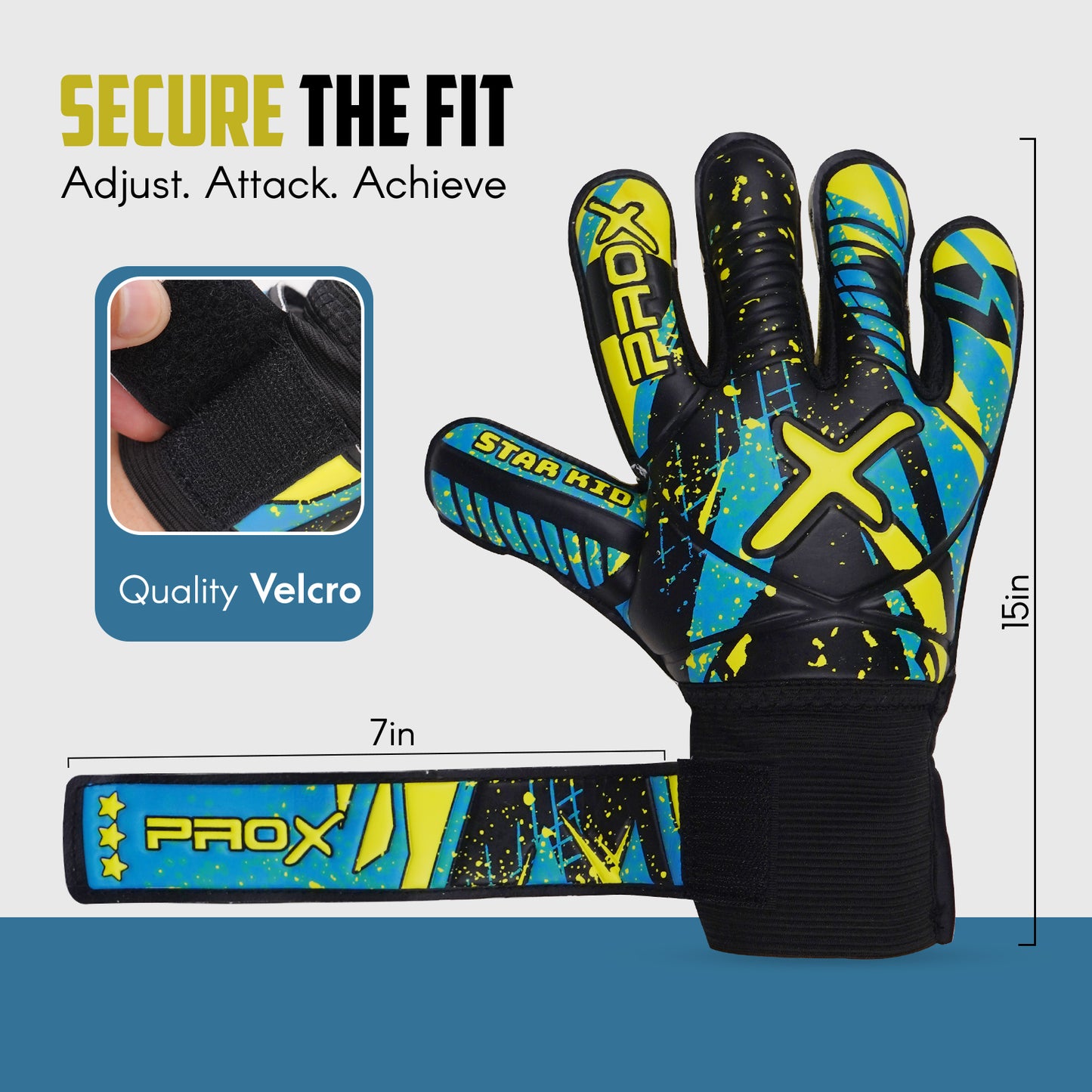 Star Kid goalkeeper gloves with premium Velcro wrist strap and secure adjustable fit for young soccer goalkeepers.
