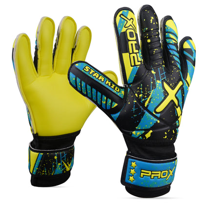 Youth soccer goalkeeper gloves with vibrant cyan splash design, yellow latex palm, and durable wrist support.