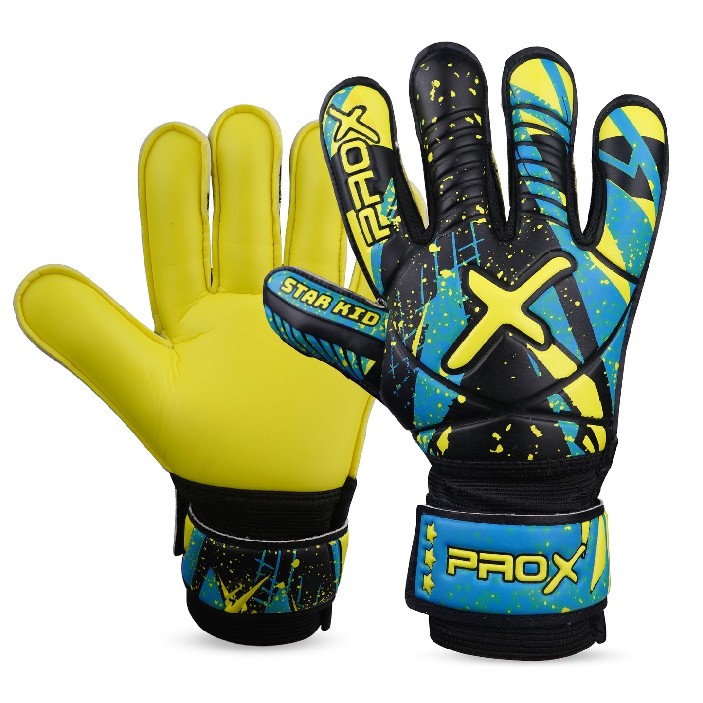 Kids soccer goalie gloves with bright yellow latex palm and cyan-black splash graphic backhand for enhanced grip and style.