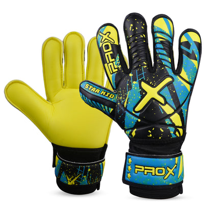 Kids soccer goalie gloves with bright yellow latex palm and cyan-black splash graphic backhand for enhanced grip and style.
