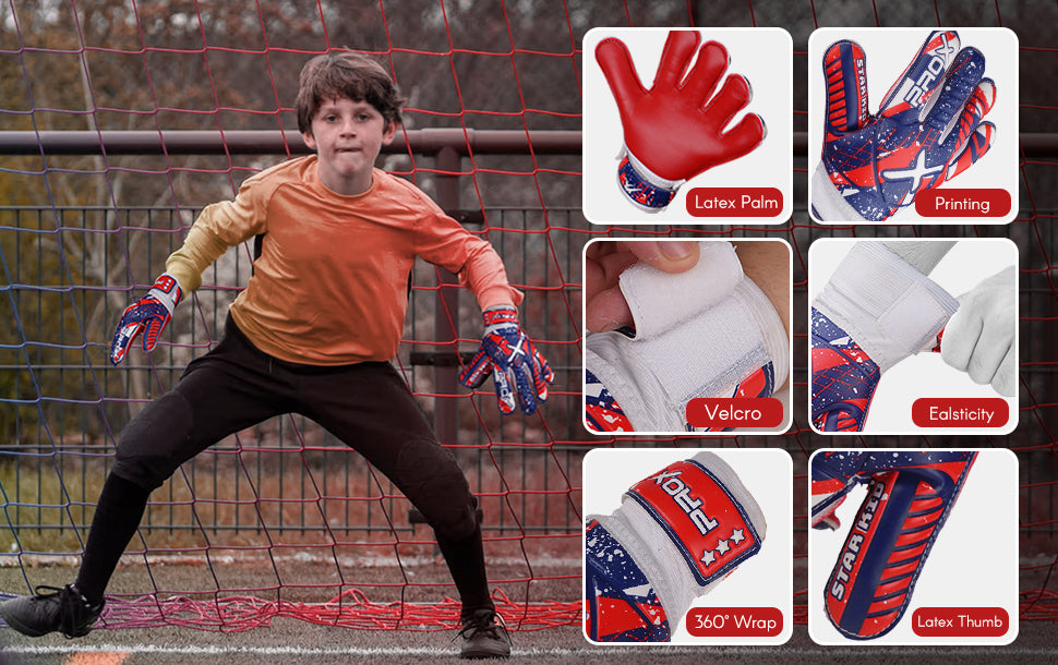 Young goalkeeper wearing Star Kid goalkeeper gloves with highlighted features including latex palm, printing design, Velcro closure, elasticity, 360° wrist wrap, and latex thumb protection.