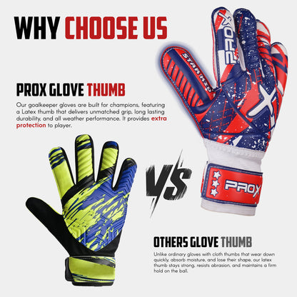 Youth goalkeeper gloves with latex thumb design offering enhanced protection, stronger grip, and long-lasting performance.