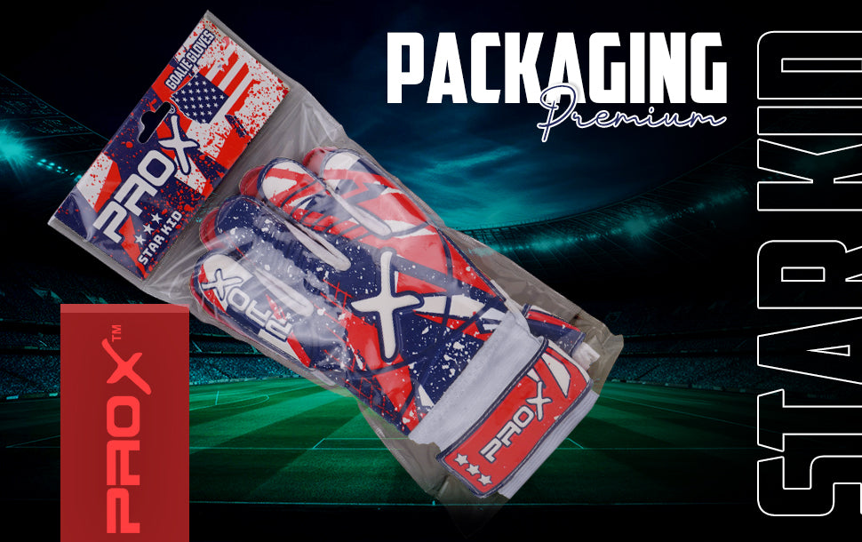 PROX Star Kid youth goalkeeper gloves packaged in premium branded retail bag with professional presentation and product protection.