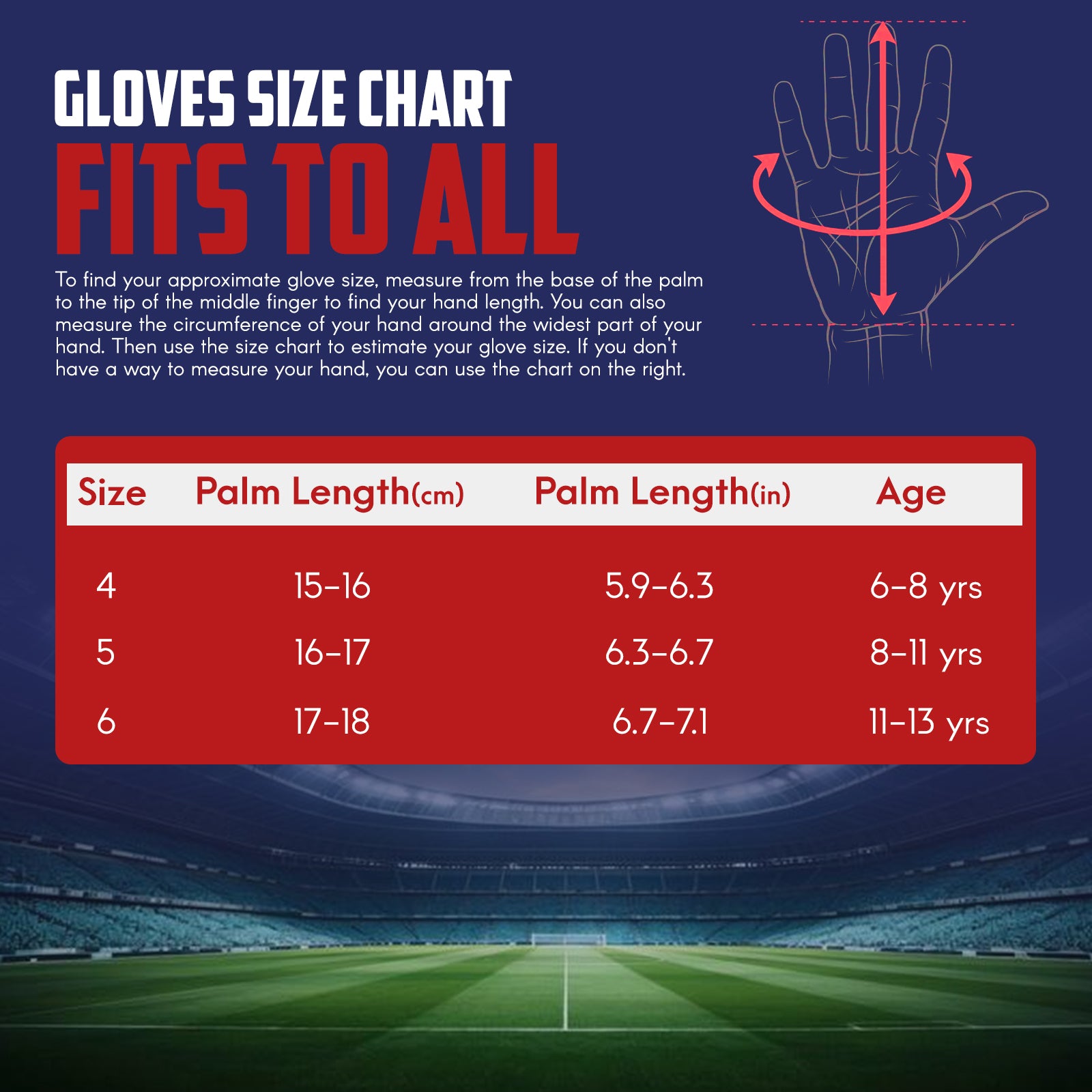 Star Kid goalkeeper gloves size chart showing glove sizes, palm length measurements, and recommended age ranges for youth soccer goalkeepers.