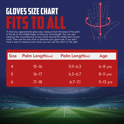Star Kid goalkeeper gloves size chart showing glove sizes, palm length measurements, and recommended age ranges for youth soccer goalkeepers.