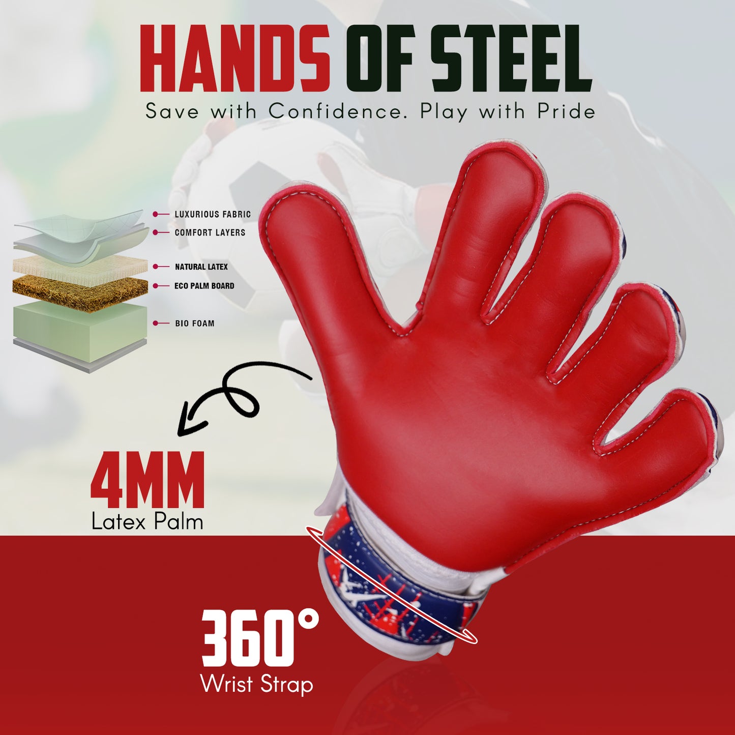 Red goalkeeper glove showcasing premium 4mm latex palm technology, comfort layers, and secure 360° wrist closure.