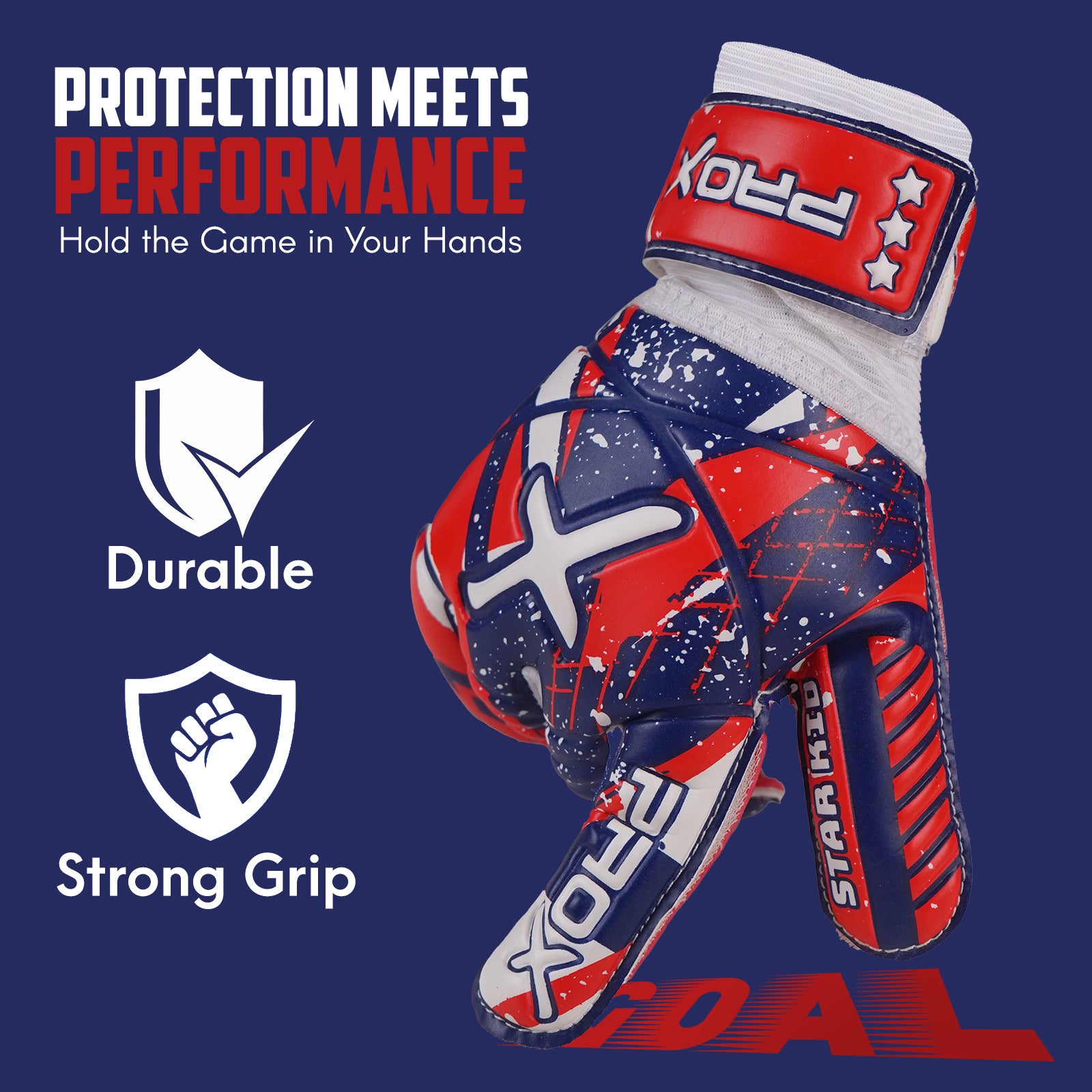 Star Kid red goalkeeper gloves featuring durable construction, strong grip technology, and reliable performance for young soccer goalkeepers.