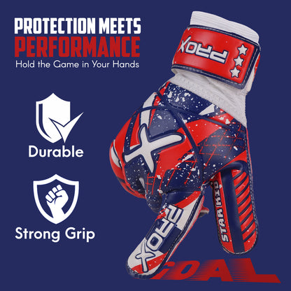 Star Kid red goalkeeper gloves featuring durable construction, strong grip technology, and reliable performance for young soccer goalkeepers.