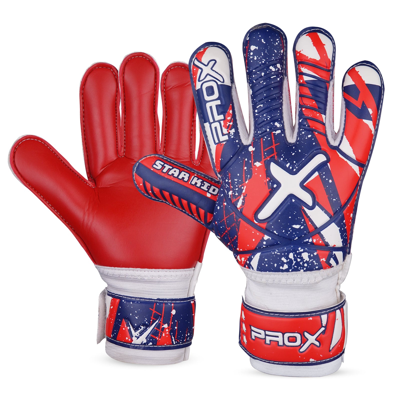 Star Kid red goalkeeper gloves featuring high-grip latex palm, durable construction, and secure wrist support for young goalkeepers.