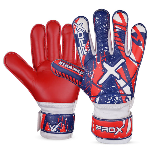 Star Kid red goalkeeper gloves featuring high-grip latex palm, durable construction, and secure wrist support for young goalkeepers.