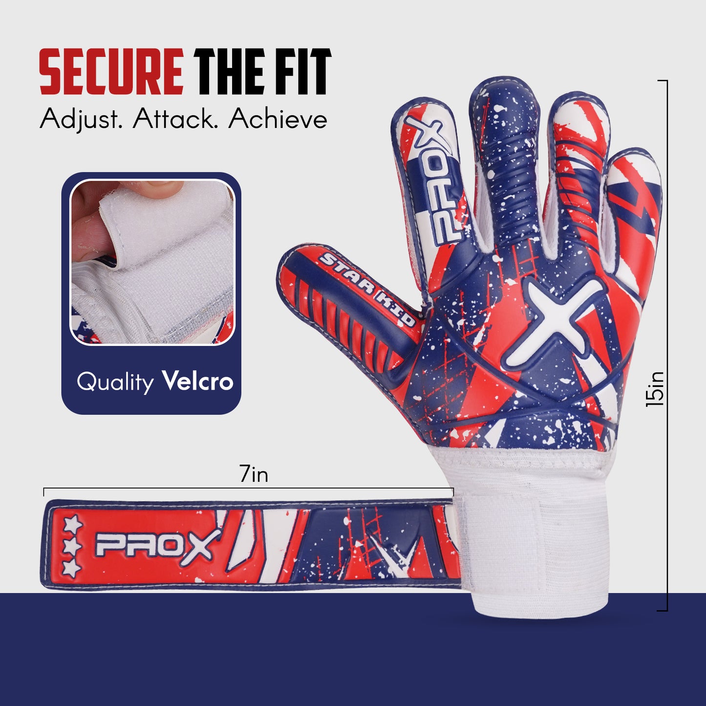 Star Kid red goalkeeper gloves featuring premium quality Velcro wrist strap and secure adjustable fit for young goalkeepers.