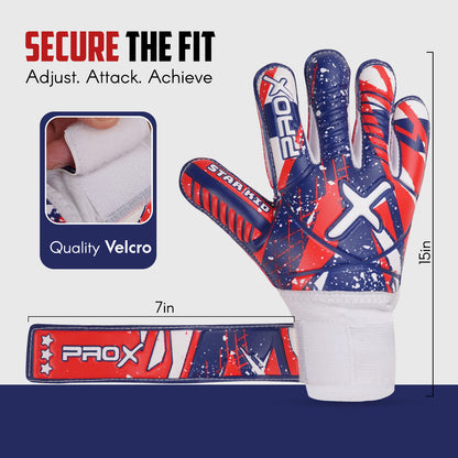 Star Kid red goalkeeper gloves featuring premium quality Velcro wrist strap and secure adjustable fit for young goalkeepers.
