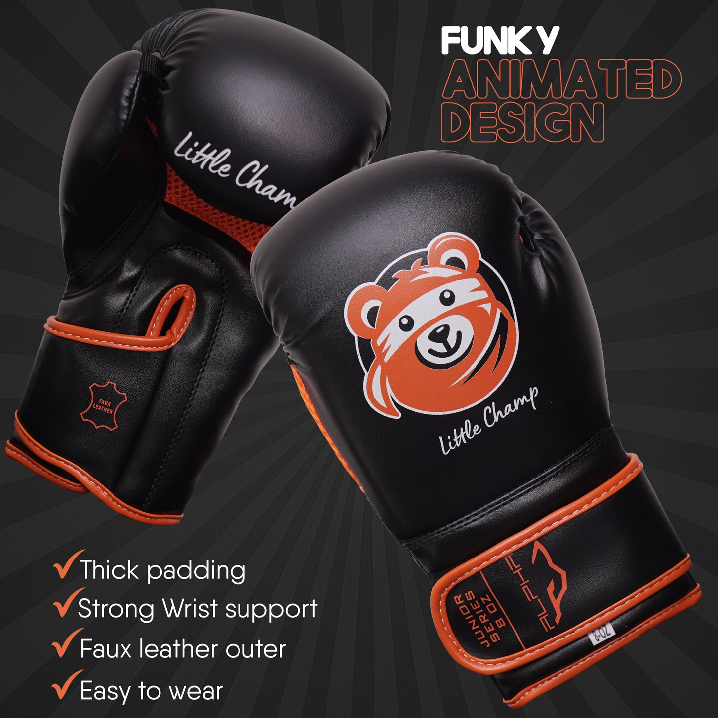 Little Champ youth boxing gloves with a playful bear graphic design, reinforced wrist support, thick protective padding, and durable faux leather construction for boxing and training.