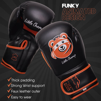 Little Champ youth boxing gloves with a playful bear graphic design, reinforced wrist support, thick protective padding, and durable faux leather construction for boxing and training.