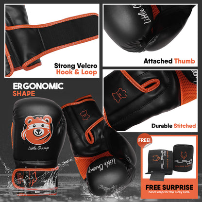Little Champ youth boxing gloves with ergonomic construction, strong velcro strap, attached thumb design, durable stitched seams, and breathable comfort for boxing and training.
