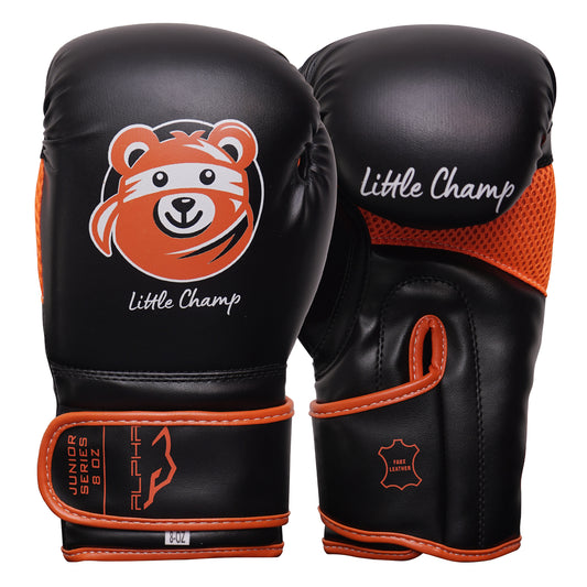 Black and orange Little Champ youth boxing gloves with a playful bear graphic, ventilated mesh design, secure wrist support, and durable padding for young boxers.