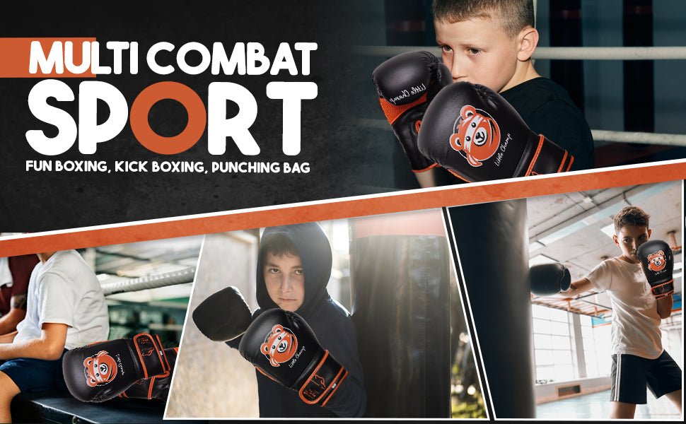 Little Champ youth boxing gloves used by children for boxing practice, kickboxing workouts, and punching bag training with secure protection and comfort.