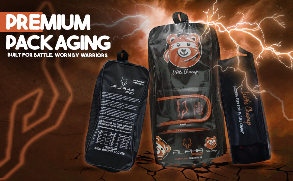 Little Champ youth boxing gloves displayed in premium branded packaging designed for protection, storage, gifting, and a professional unboxing experience.