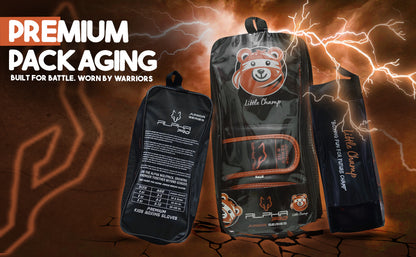 Little Champ youth boxing gloves displayed in premium branded packaging designed for protection, storage, gifting, and a professional unboxing experience.