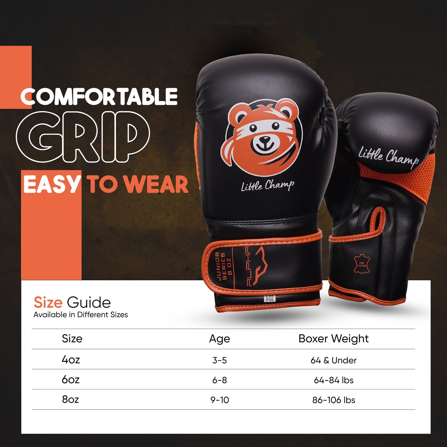 Little Champ youth boxing gloves with comfortable grip and easy-to-wear construction alongside a size chart for selecting the right boxing glove size based on age and weight.