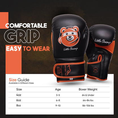 Little Champ youth boxing gloves with comfortable grip and easy-to-wear construction alongside a size chart for selecting the right boxing glove size based on age and weight.