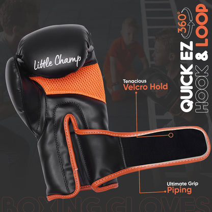 Little Champ youth boxing gloves with strong velcro wrist strap, ventilated mesh design, ergonomic fit, and enhanced support for boxing, kickboxing, and punching bag training.